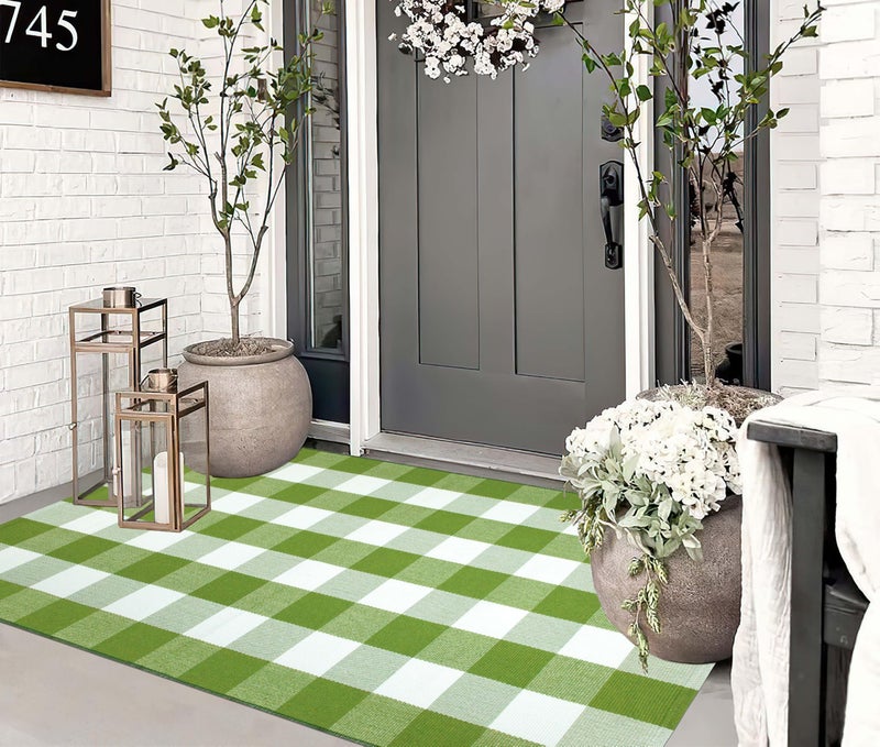 BUAGETUP Front Porch Rug 3'x5'Checkered Green and White Outdoor Rug Farmhouse Layered Doormat Machine Washable Front Door Mat Outdoor for Hello Welcome Mat,Bedroom,Entryway,Patio - Image 4
