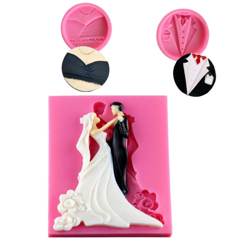 Anktily 3Pcs Bride and Groom Fondant Mold Wedding Dress Tuxedo Silicone Mold for Wedding Party Cake Decorating Cupcake Topper Chocolate Candy Polymer Clay Resin Epoxy Mold - Image 1