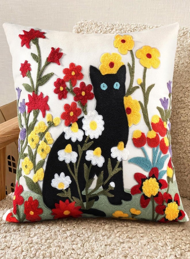 Kokaaee Embroidered Throw Pillow Covers - 18x18 Decorative Pillow Covers with Zipper Aesthetic Cute Design Boho Summer Linen Throw Pillowcases for Living Room Couch Sofa Bed, Flower Cats - Image 1