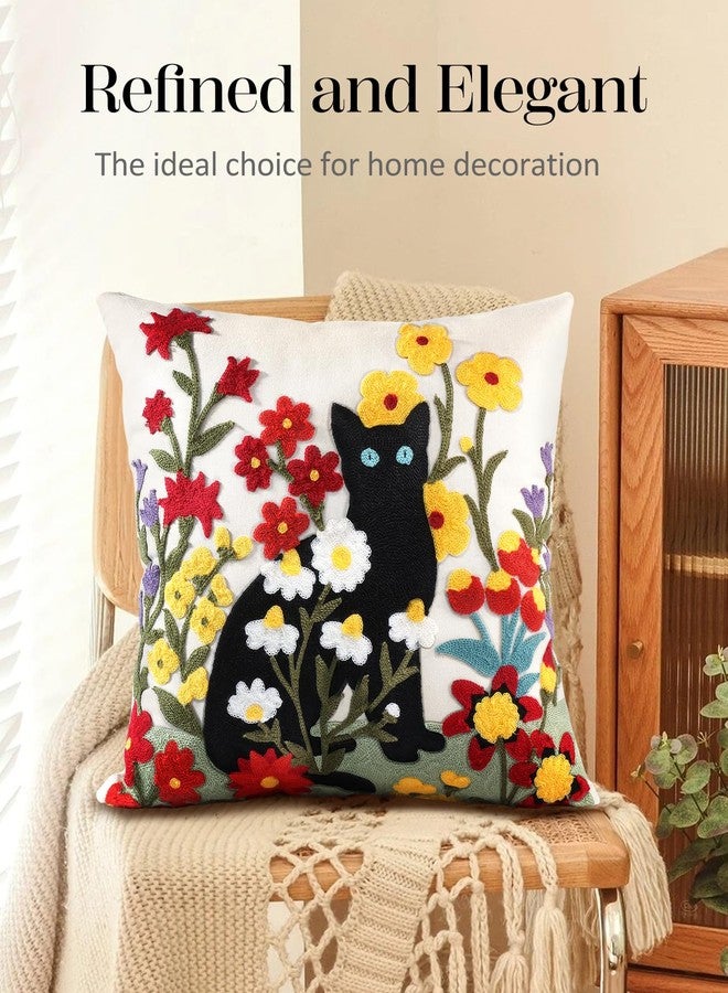 Kokaaee Embroidered Throw Pillow Covers - 18x18 Decorative Pillow Covers with Zipper Aesthetic Cute Design Boho Summer Linen Throw Pillowcases for Living Room Couch Sofa Bed, Flower Cats - Image 5
