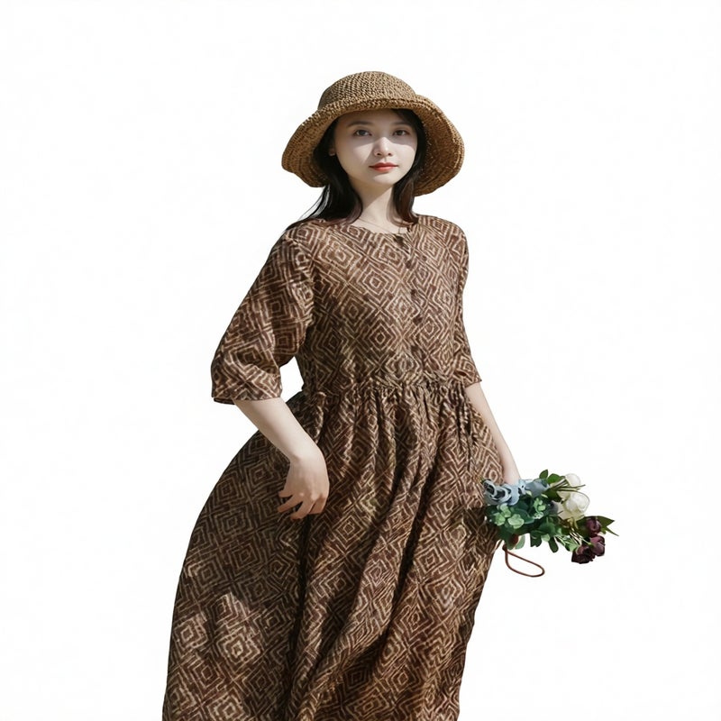 Midi Length Striped Loose Retro Print Tie Waist Slimming Ramie Dress - Image 1