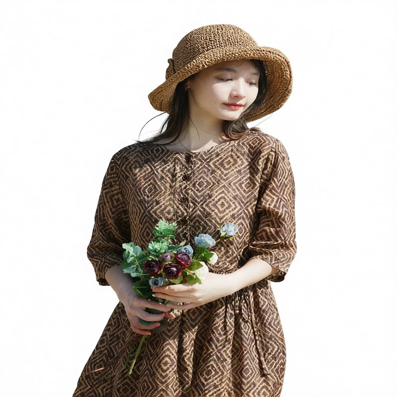 Midi Length Striped Loose Retro Print Tie Waist Slimming Ramie Dress - Image 4