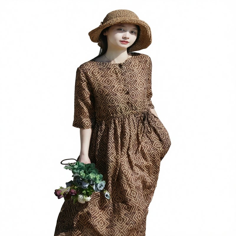 Midi Length Striped Loose Retro Print Tie Waist Slimming Ramie Dress - Image 3