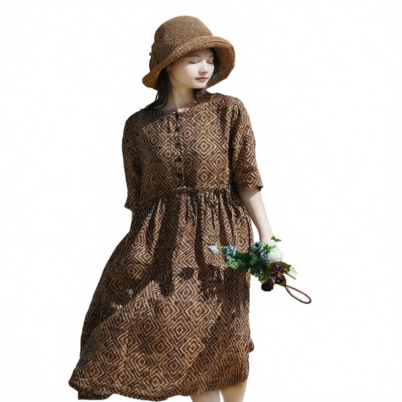 Midi Length Striped Loose Retro Print Tie Waist Slimming Ramie Dress - Image 2