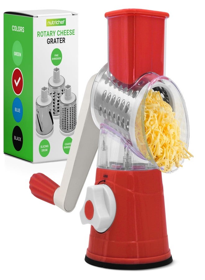 Nutrichef 3 in 1 Cheese Grater & Shredder | Strong Suction Base, Rotary Handle with Safety Lock | Includes Cleaning Brush, Hand Crank & 3 Drum Blades for 3 Textures, Fine, Medium & Strips | Red - Image 1