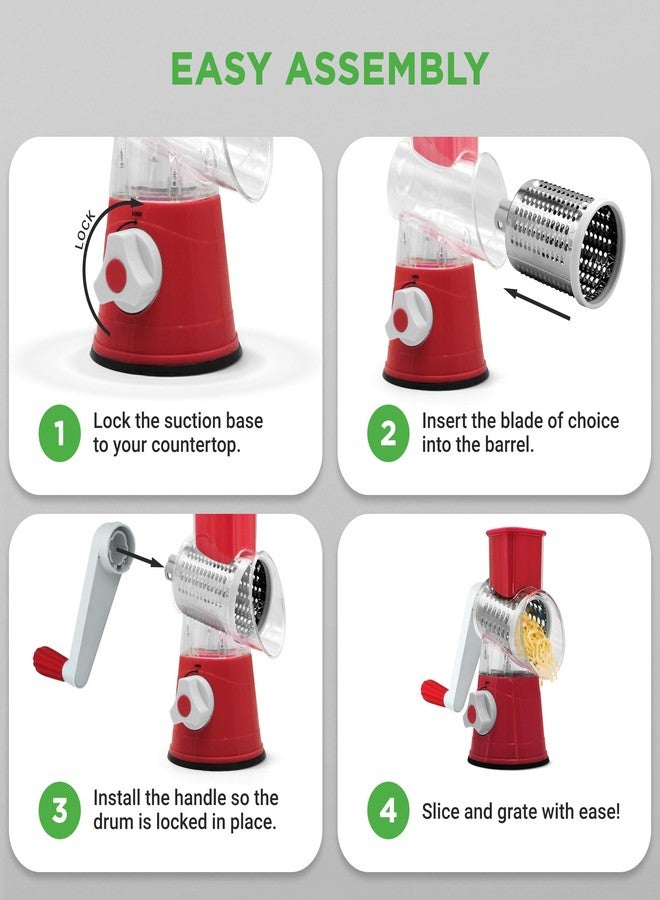 Nutrichef 3 in 1 Cheese Grater & Shredder | Strong Suction Base, Rotary Handle with Safety Lock | Includes Cleaning Brush, Hand Crank & 3 Drum Blades for 3 Textures, Fine, Medium & Strips | Red - Image 5