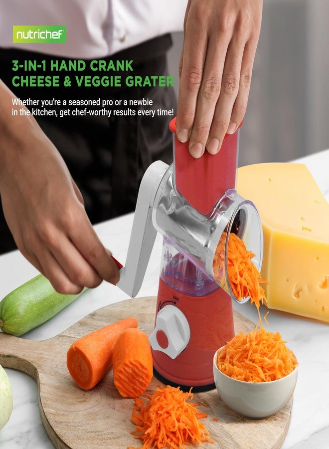 Nutrichef 3 in 1 Cheese Grater & Shredder | Strong Suction Base, Rotary Handle with Safety Lock | Includes Cleaning Brush, Hand Crank & 3 Drum Blades for 3 Textures, Fine, Medium & Strips | Red - Image 2