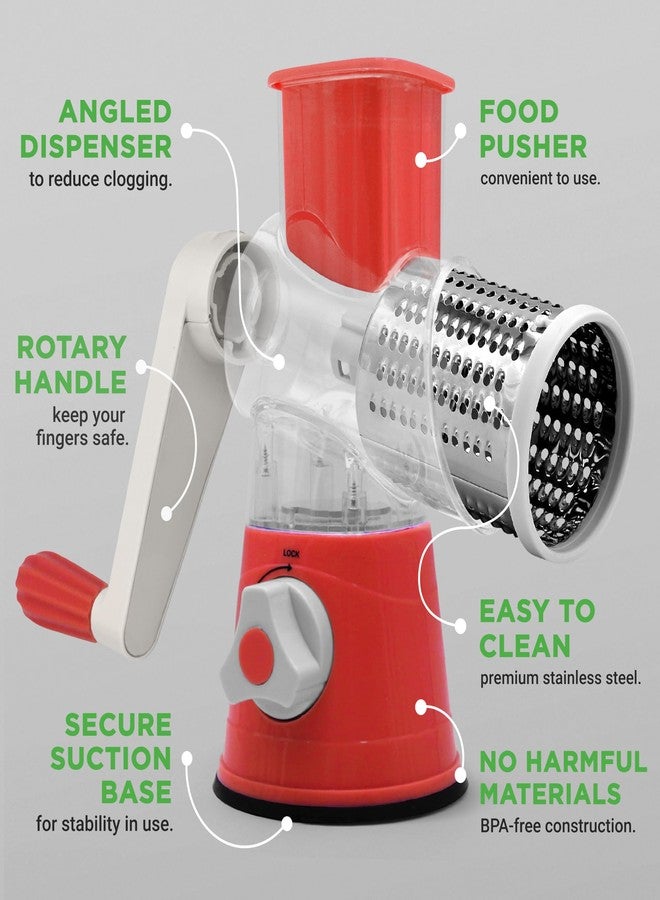 Nutrichef 3 in 1 Cheese Grater & Shredder | Strong Suction Base, Rotary Handle with Safety Lock | Includes Cleaning Brush, Hand Crank & 3 Drum Blades for 3 Textures, Fine, Medium & Strips | Red - Image 4