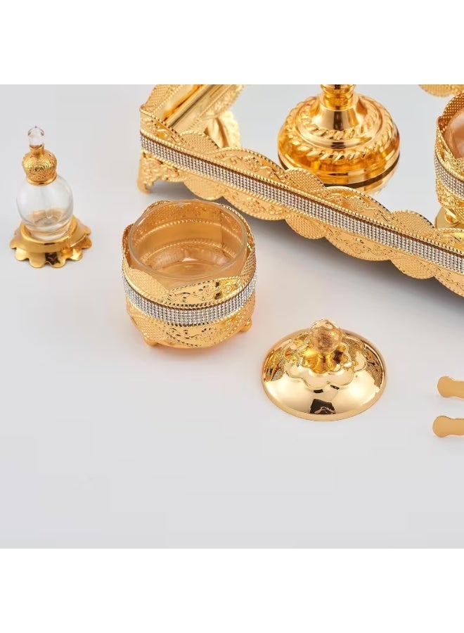 إيروريكس طقم فاخر من 4 قطع لحامل البخور مع ملقط | صينية مزينة بأحجار ماسية شكلية، حوامل بخور مزخرفة، حامل بخور فحم، وزجاجة عطر كريستالية لليوغا والسبا والديكور المنزلي والمكتبي NOKH5098 - Image 2