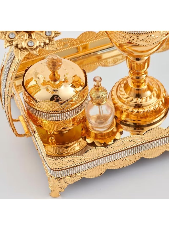إيروريكس طقم فاخر من 4 قطع لحامل البخور مع ملقط | صينية مزينة بأحجار ماسية شكلية، حوامل بخور مزخرفة، حامل بخور فحم، وزجاجة عطر كريستالية لليوغا والسبا والديكور المنزلي والمكتبي NOKH5098 - Image 3