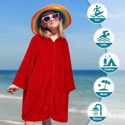 Suncube SUN CUBE Hooded Towel Robe for Kids, Zip Up Swim Parka Beach Cover Up for Girls, Surf Poncho for Boys Warm Changing Bath Towel for Pool with Zipper Hood 7-10, Red - Image 5