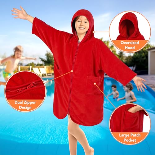 Suncube SUN CUBE Hooded Towel Robe for Kids, Zip Up Swim Parka Beach Cover Up for Girls, Surf Poncho for Boys Warm Changing Bath Towel for Pool with Zipper Hood 7-10, Red - Image 3