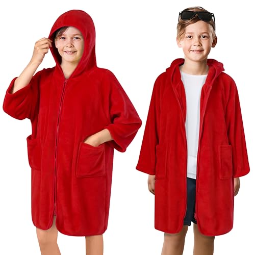 Suncube SUN CUBE Hooded Towel Robe for Kids, Zip Up Swim Parka Beach Cover Up for Girls, Surf Poncho for Boys Warm Changing Bath Towel for Pool with Zipper Hood 7-10, Red - Image 1