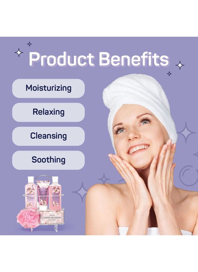 SpaLife - Cherry Blossoms Gift Set - 5-Piece Bath and Shower Caddie, Bubble Bath, Shower Gel, Bath Salts, Body Lotion, Relaxing Luxury at Home Spa Experience, Perfect Christmas Bath Gift for Women - Image 1
