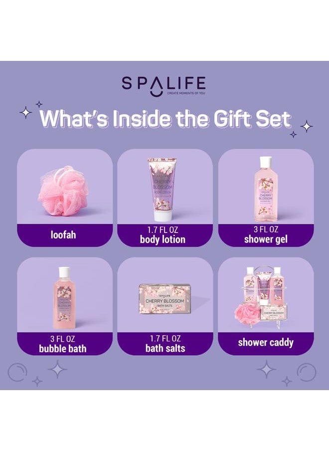SpaLife - Cherry Blossoms Gift Set - 5-Piece Bath and Shower Caddie, Bubble Bath, Shower Gel, Bath Salts, Body Lotion, Relaxing Luxury at Home Spa Experience, Perfect Christmas Bath Gift for Women - Image 1