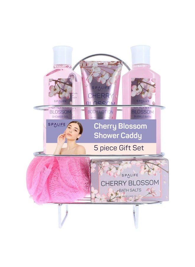 SpaLife - Cherry Blossoms Gift Set - 5-Piece Bath and Shower Caddie, Bubble Bath, Shower Gel, Bath Salts, Body Lotion, Relaxing Luxury at Home Spa Experience, Perfect Christmas Bath Gift for Women - Image 1