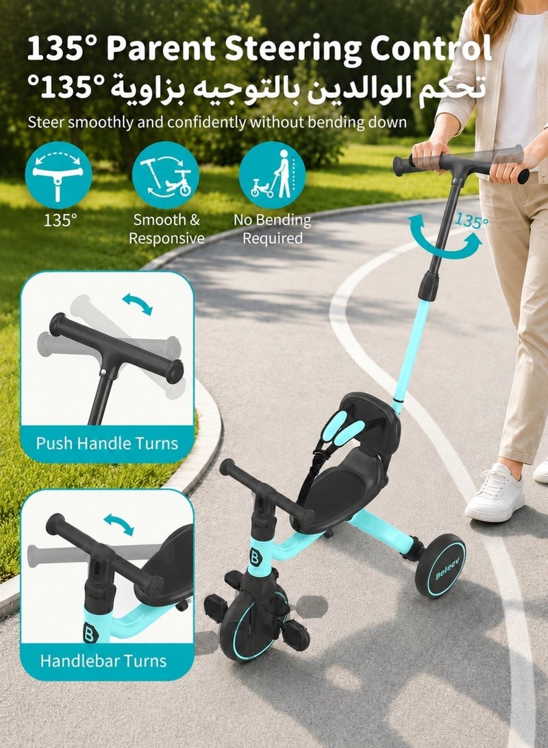 BELEEV 5 in 1 Kids Tricycle with Adjustable Parent Push Handle, EVA Wheels & Safety Belt, Baby Tricycle for Toddlers Aged 1-3 Years, 3 Wheel Ride On Trike for Girls & Boys, Green - Image 5
