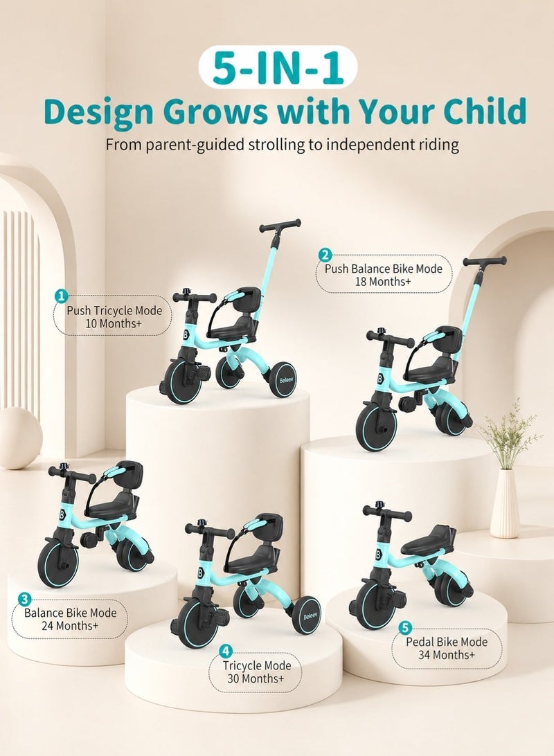 BELEEV 5 in 1 Kids Tricycle with Adjustable Parent Push Handle, EVA Wheels & Safety Belt, Baby Tricycle for Toddlers Aged 1-3 Years, 3 Wheel Ride On Trike for Girls & Boys, Green - Image 3