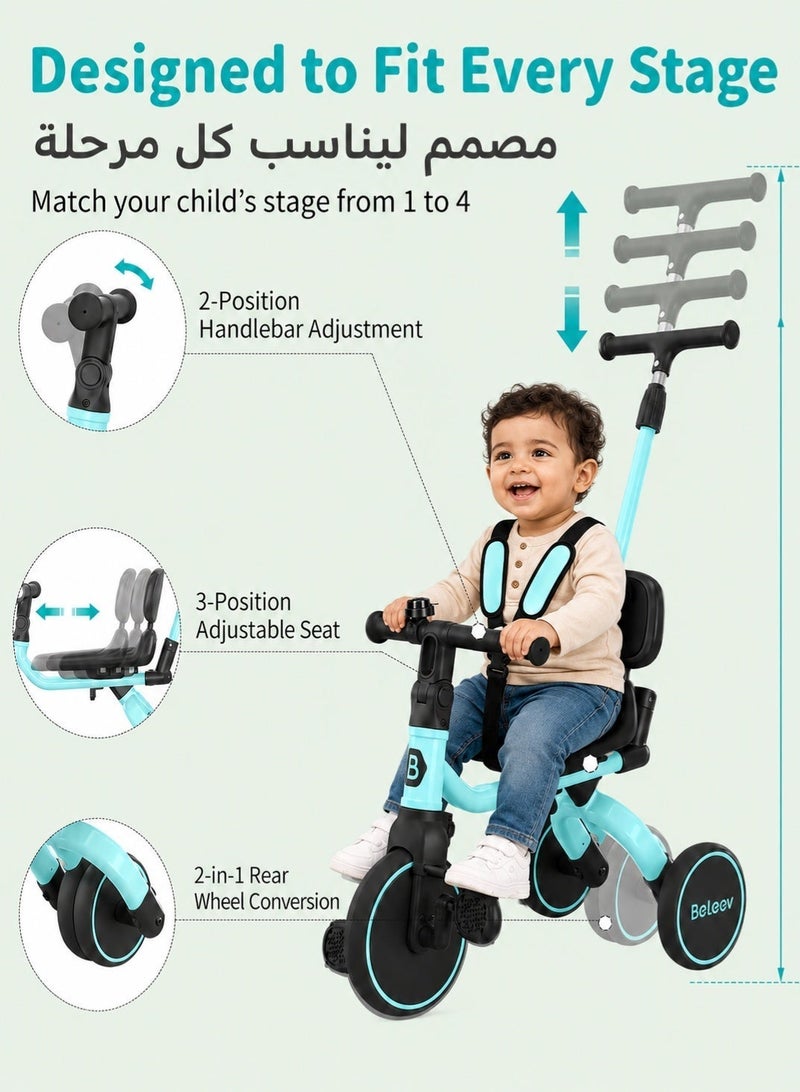 BELEEV 5 in 1 Kids Tricycle with Adjustable Parent Push Handle, EVA Wheels & Safety Belt, Baby Tricycle for Toddlers Aged 1-3 Years, 3 Wheel Ride On Trike for Girls & Boys, Green - Image 4