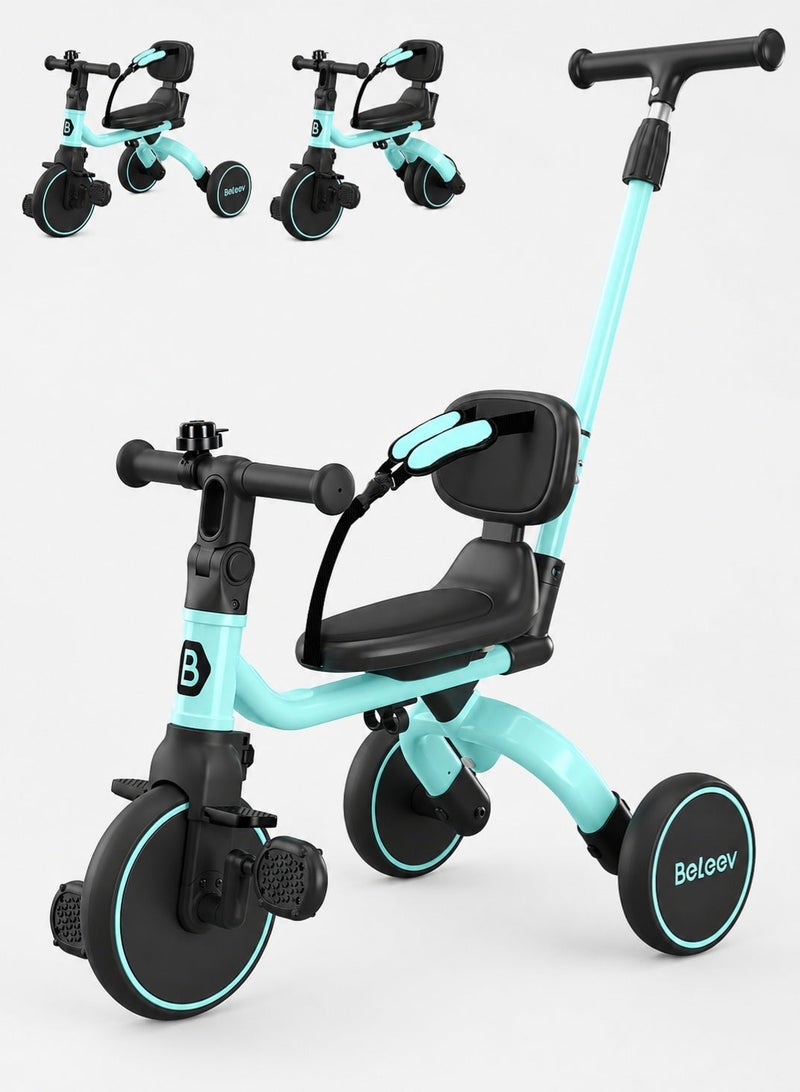 BELEEV 5 in 1 Kids Tricycle with Adjustable Parent Push Handle, EVA Wheels & Safety Belt, Baby Tricycle for Toddlers Aged 1-3 Years, 3 Wheel Ride On Trike for Girls & Boys, Green - Image 2