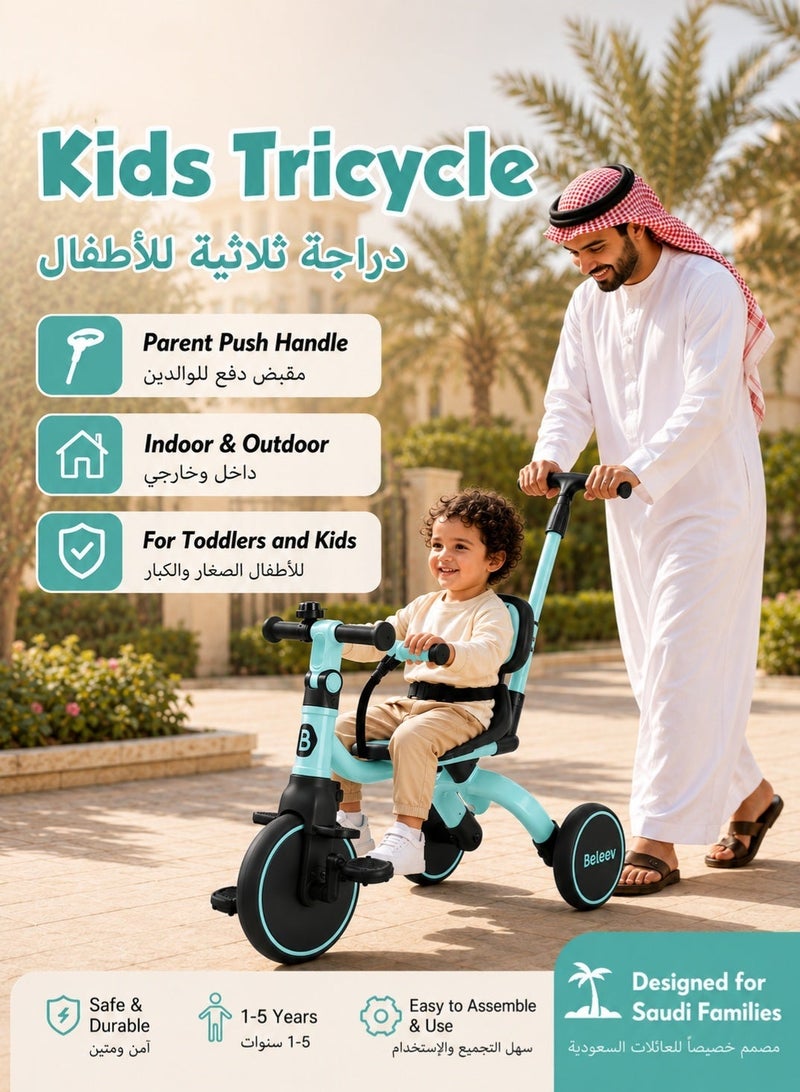 BELEEV 5 in 1 Kids Tricycle with Adjustable Parent Push Handle, EVA Wheels & Safety Belt, Baby Tricycle for Toddlers Aged 1-3 Years, 3 Wheel Ride On Trike for Girls & Boys, Green - Image 1