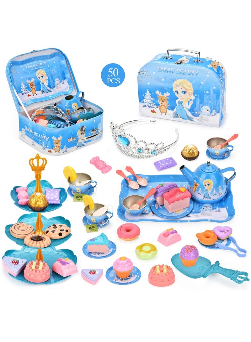 Tinplate Ice And Snow Girl Tea Set Afternoon Tea Portable Gift Box With Dessert Suitable For Little Girls, Safe And Durable Children'S Tea Party Kitchen Tableware Set Toys Suitable For Children Over 3 Years Old - Image 1