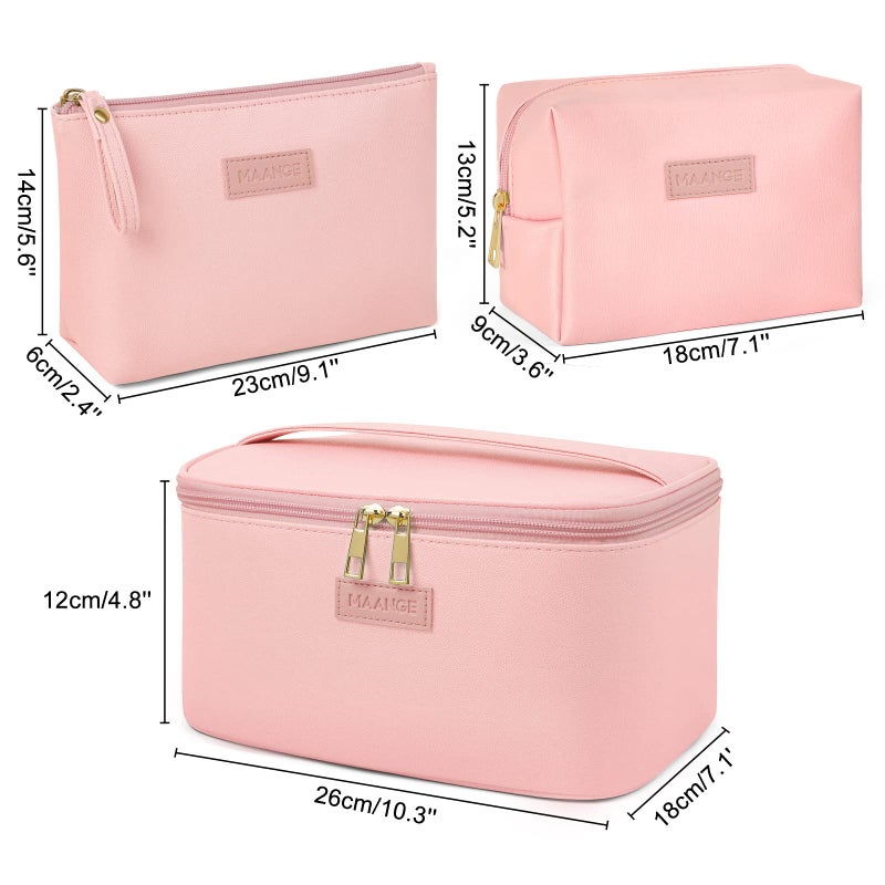 MAANGE Travel Makeup Bag - Large Makeup Bag with 2pcs Small Makeup Bag Portable Leather Cosmetic Bag Toiletry Bag Make Up Bags for Women and Girls (Pink) - Image 5