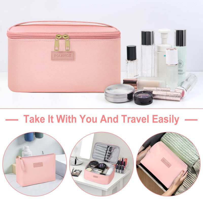 MAANGE Travel Makeup Bag - Large Makeup Bag with 2pcs Small Makeup Bag Portable Leather Cosmetic Bag Toiletry Bag Make Up Bags for Women and Girls (Pink) - Image 4