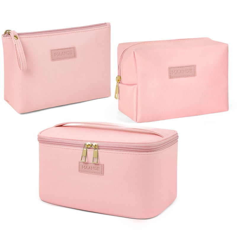 MAANGE Travel Makeup Bag - Large Makeup Bag with 2pcs Small Makeup Bag Portable Leather Cosmetic Bag Toiletry Bag Make Up Bags for Women and Girls (Pink) - Image 1