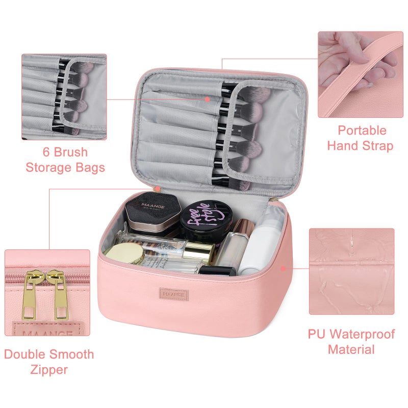 MAANGE Travel Makeup Bag - Large Makeup Bag with 2pcs Small Makeup Bag Portable Leather Cosmetic Bag Toiletry Bag Make Up Bags for Women and Girls (Pink) - Image 3