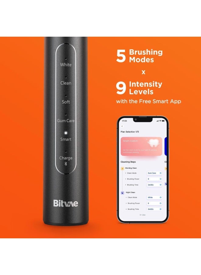 Bitvae S2 Smart Electric Toothbrush with HD2 UV Toothbrush Holder, 8 Brush Heads, 5 Modes, 9 Intensity Levels, Bluetooth App, Pressure Sensor, 40,000 VPM, Black - Image 2