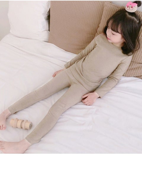 Kids Solid Color Thermal Underwear Set Cotton Soft Long Johns Base Layer Top & Bottom Children's Pajama Set Light Brown