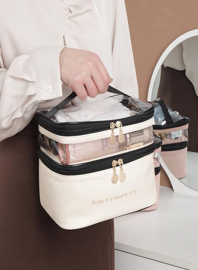 Flywind Cute Makeup Bag Travel Cosmetic Bags, Chic Travel Cosmetic Bag Makeup Pouch Portable Travel Toiletry Bag with Zipper Double Layer Women Makeup Travel Bag with Handle Waterproof (White) - Image 2