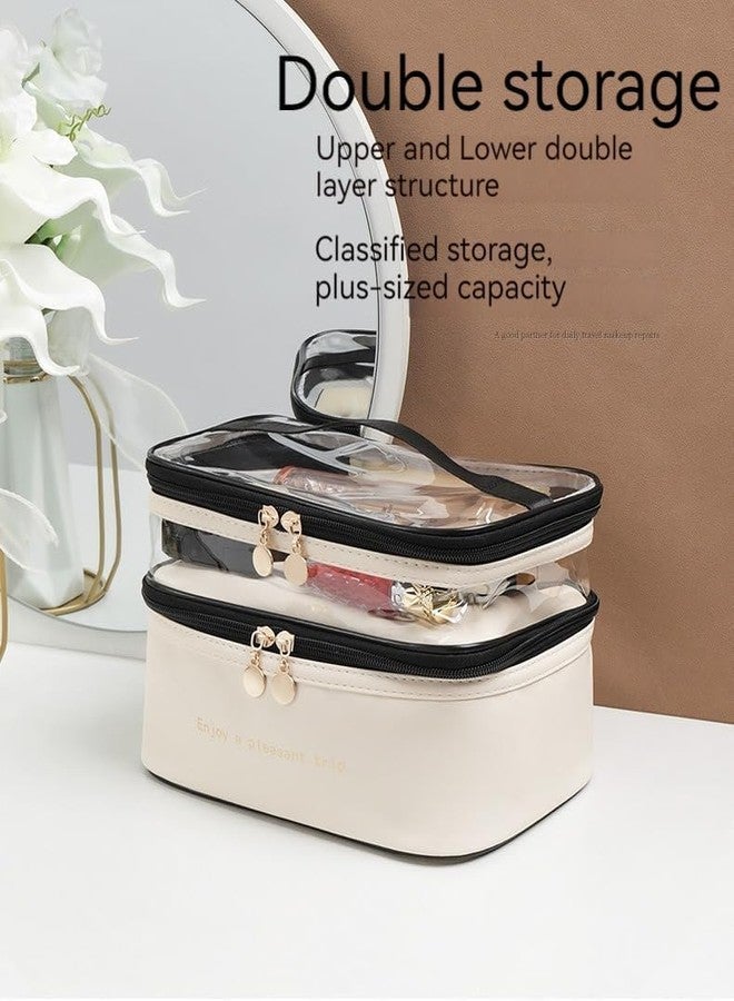 Flywind Cute Makeup Bag Travel Cosmetic Bags, Chic Travel Cosmetic Bag Makeup Pouch Portable Travel Toiletry Bag with Zipper Double Layer Women Makeup Travel Bag with Handle Waterproof (White) - Image 5