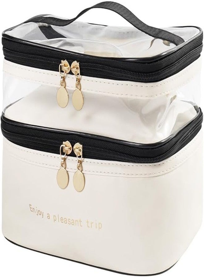 Flywind Cute Makeup Bag Travel Cosmetic Bags, Chic Travel Cosmetic Bag Makeup Pouch Portable Travel Toiletry Bag with Zipper Double Layer Women Makeup Travel Bag with Handle Waterproof (White) - Image 1