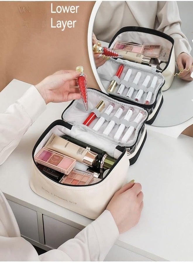 Flywind Cute Makeup Bag Travel Cosmetic Bags, Chic Travel Cosmetic Bag Makeup Pouch Portable Travel Toiletry Bag with Zipper Double Layer Women Makeup Travel Bag with Handle Waterproof (White) - Image 4