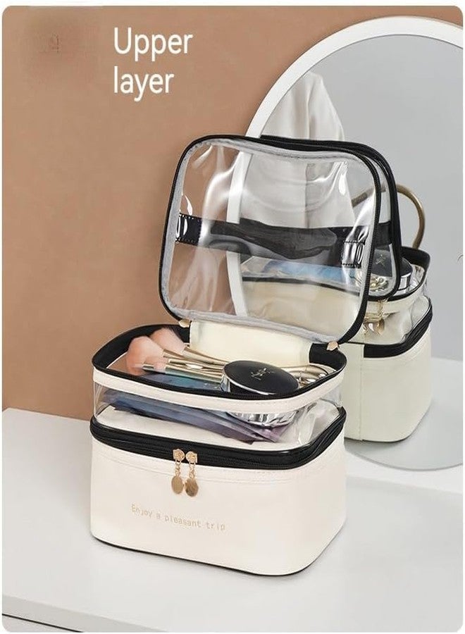 Flywind Cute Makeup Bag Travel Cosmetic Bags, Chic Travel Cosmetic Bag Makeup Pouch Portable Travel Toiletry Bag with Zipper Double Layer Women Makeup Travel Bag with Handle Waterproof (White) - Image 3