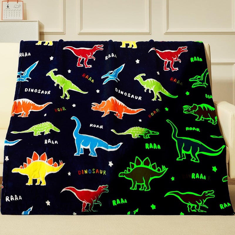RRKTP Dinosaur Gifts Toys for Boys Girls,Glow in The Dark Dinosaur Blanket, Birthday Presents Decor for Kids Age 3-14 Year Old Son Teen Child Toddler Luminous Christmas Bedroom Throw Blanket 50"x60" - Image 1
