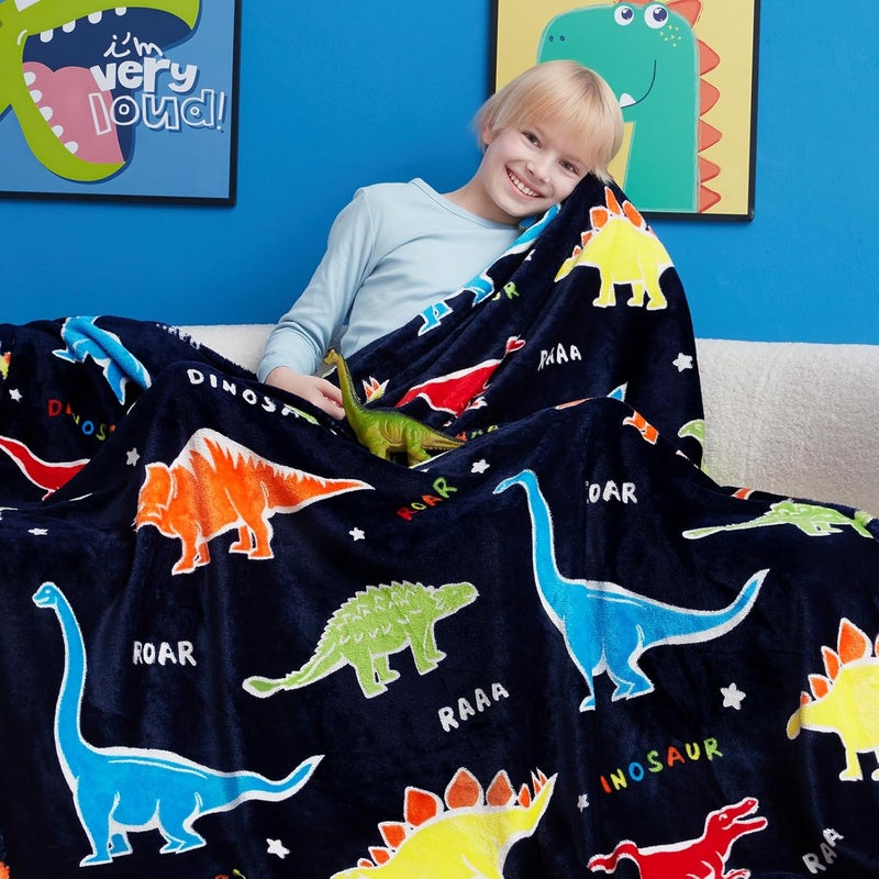 RRKTP Dinosaur Gifts Toys for Boys Girls,Glow in The Dark Dinosaur Blanket, Birthday Presents Decor for Kids Age 3-14 Year Old Son Teen Child Toddler Luminous Christmas Bedroom Throw Blanket 50"x60" - Image 4