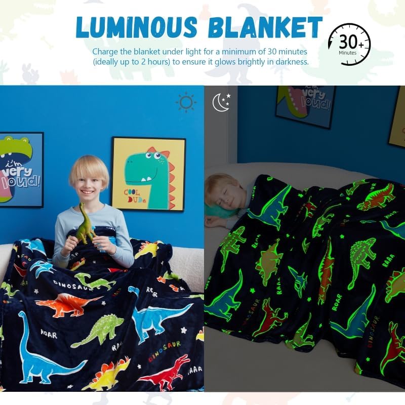 RRKTP Dinosaur Gifts Toys for Boys Girls,Glow in The Dark Dinosaur Blanket, Birthday Presents Decor for Kids Age 3-14 Year Old Son Teen Child Toddler Luminous Christmas Bedroom Throw Blanket 50"x60" - Image 5