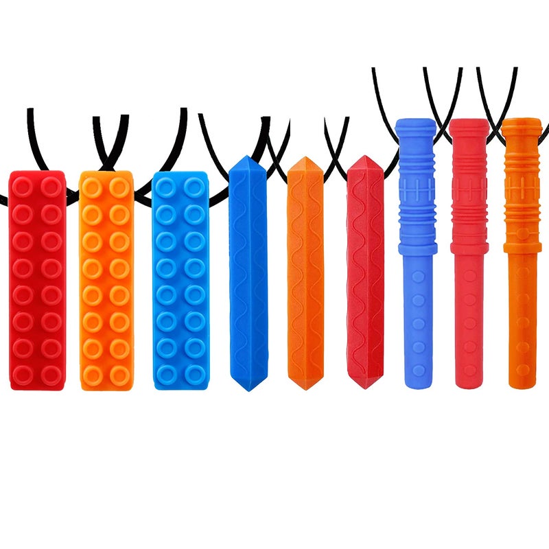 قلادة مضغ حسية من GNAWRISHING 9Pack3Pack كتل 3Pack أسطوانة و 3Pack كتل ماسية مثالية للأطفال المصابين بالتوحد ADHD SPD حركية فموية للأولاد والبنات قوية وطويلة الأمد