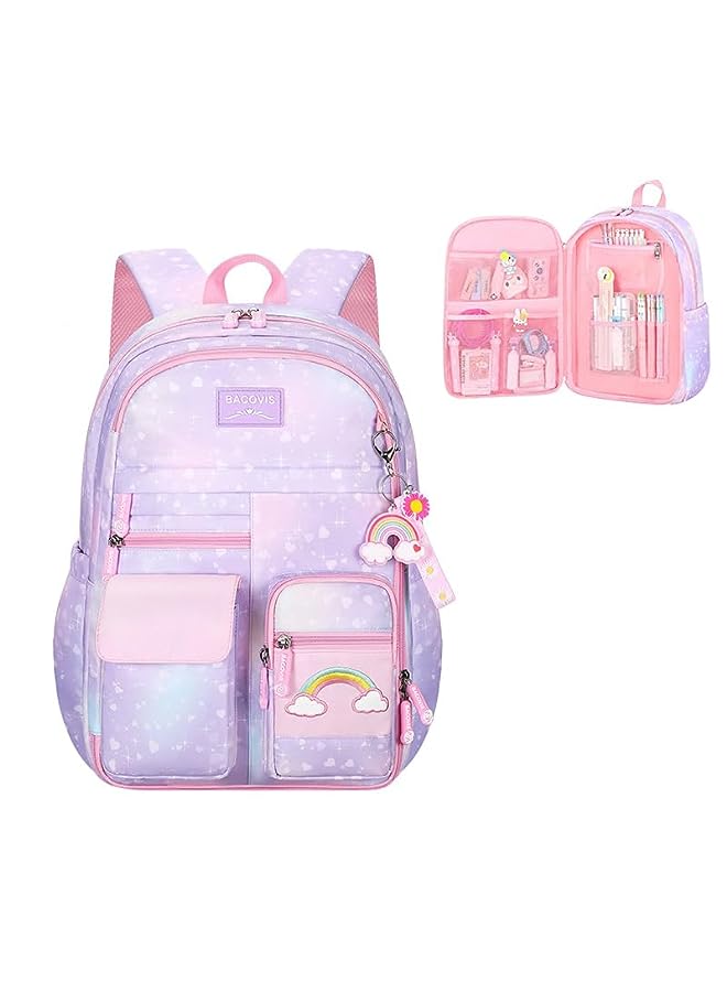 Goodern Kids Backpack,Luminous Durable Safe Bookbag With Rainbow Pendent Breathable Large Capacity Schoolbag Sweet Girls Backpacks Cartoon Comfortable Shoulder Pad Schoolbag Primary Schoolbag-Purple - Image 2