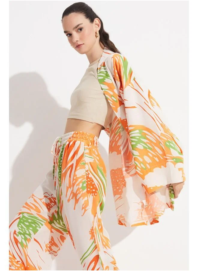 جون June Women Exclusive Patterned Linen Blend Woven Kimono&Kaftan Orange