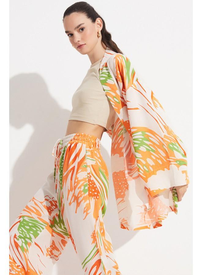 جون كيمونو وكفتان نسائي بنقوش حصرية من الكتان - يونيو - برتقالي - Image 1