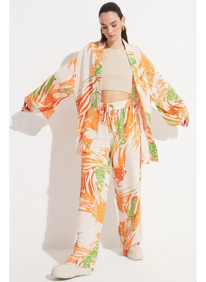 جون June Women Exclusive Patterned Linen Blend Woven Kimono&Kaftan Orange