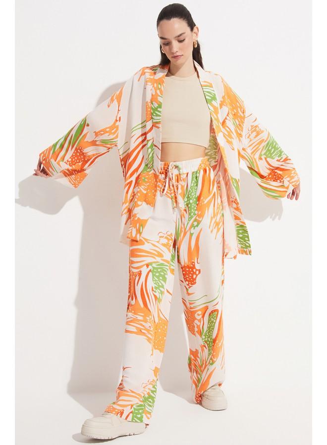 جون كيمونو وكفتان نسائي بنقوش حصرية من الكتان - يونيو - برتقالي - Image 5