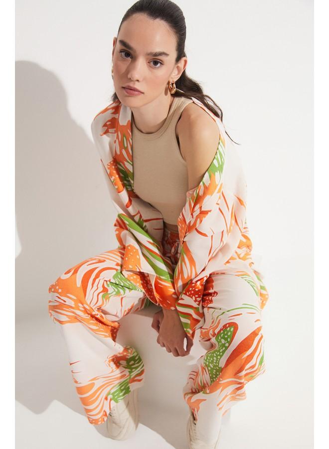 جون كيمونو وكفتان نسائي بنقوش حصرية من الكتان - يونيو - برتقالي - Image 2