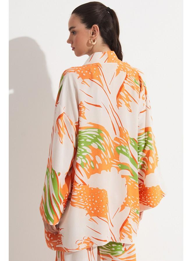 جون كيمونو وكفتان نسائي بنقوش حصرية من الكتان - يونيو - برتقالي - Image 4