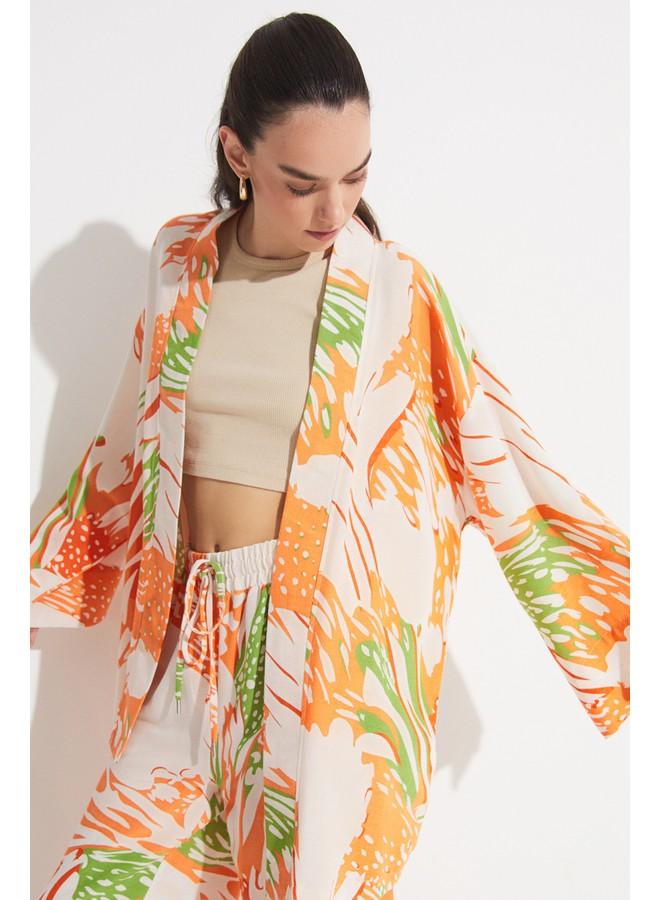 جون كيمونو وكفتان نسائي بنقوش حصرية من الكتان - يونيو - برتقالي - Image 3