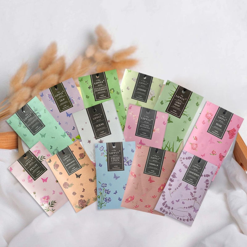 Liffly 13 Scents Scented Sachets For Drawers And Closets 14 Packs Lavender Rose Jasmine Ocean Vanilla Sandalwood Fresh Linen Cherry Blossoms Lilac Eucalyptus Peppermint Lemongrass Peony Gift Box - Image 1